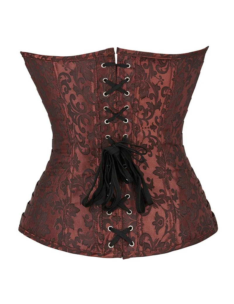 Braunes Jacquard-Korsett – Stickerei, Seitenfalten & 12 Stahlstäbe