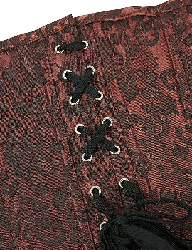 Braunes Jacquard-Korsett – Stickerei, Seitenfalten & 12 Stahlstäbe