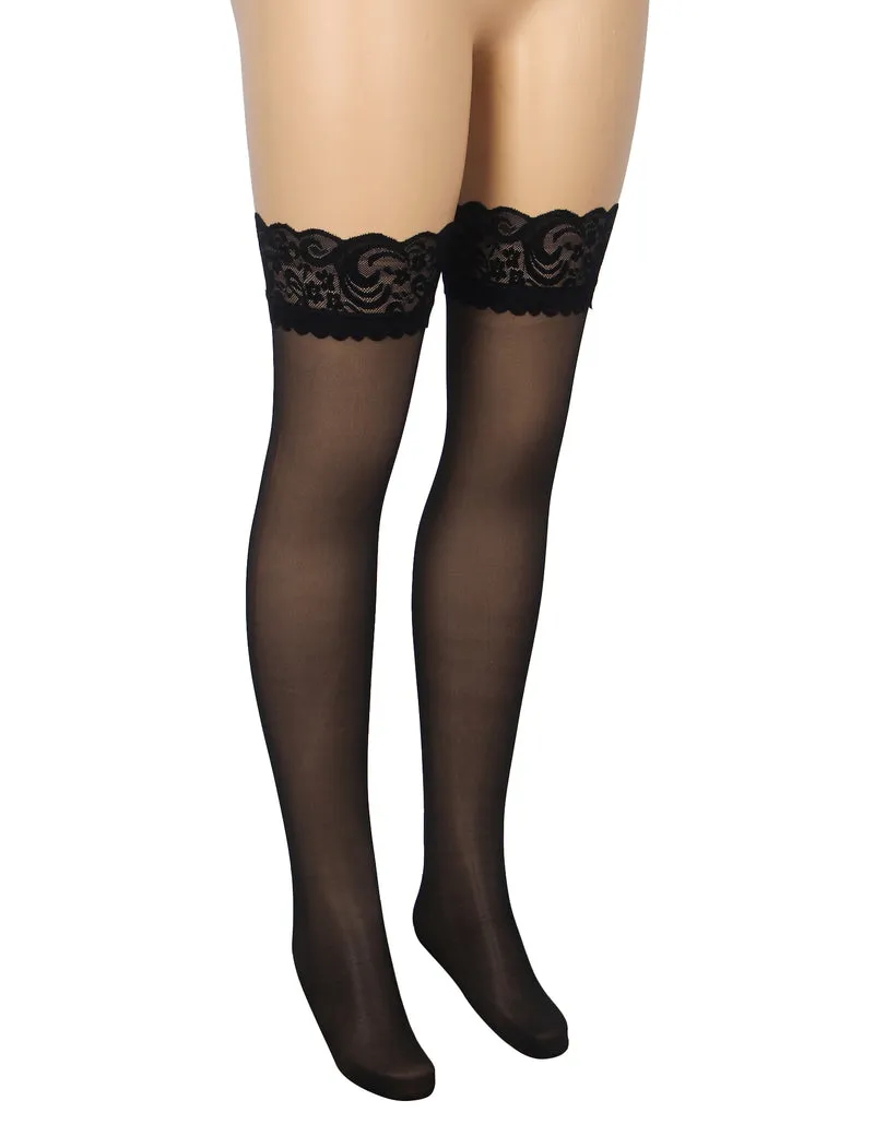 Sexy Schwarze Spitzenstrümpfe mit vertikaler Linie & Silikonband, 88% Nylon, 12% Spandex
