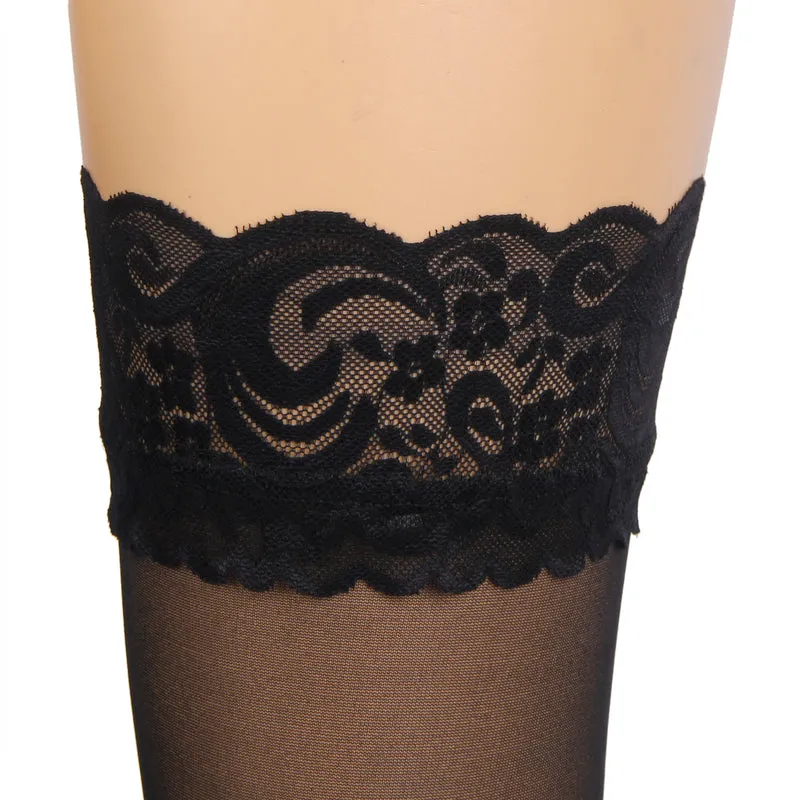 Sexy Schwarze Spitzenstrümpfe mit vertikaler Linie & Silikonband, 88% Nylon, 12% Spandex