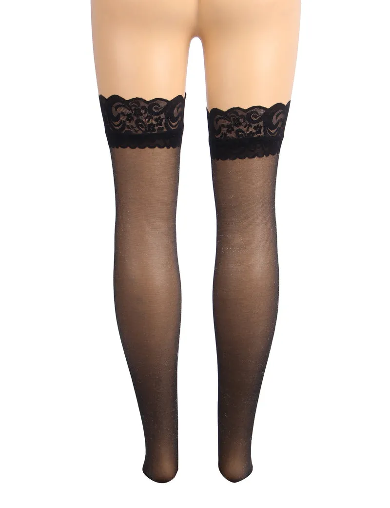Sexy Schwarze Spitzenstrümpfe mit Perlmutt-Glanz & Silikonband, 88% Nylon, 12% Spandex