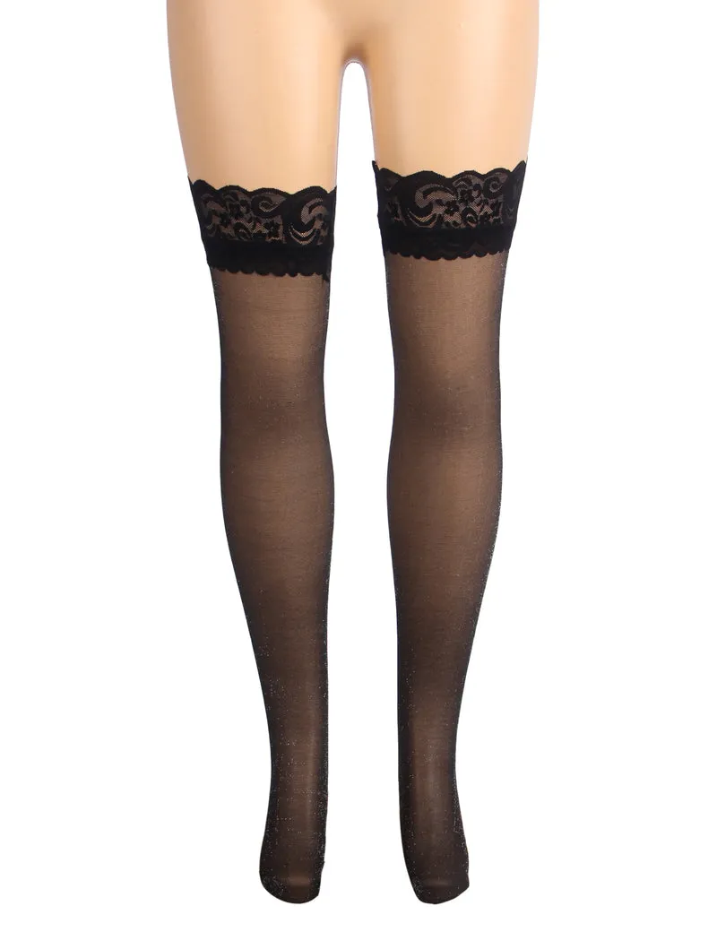 Sexy Schwarze Spitzenstrümpfe mit Perlmutt-Glanz & Silikonband, 88% Nylon, 12% Spandex