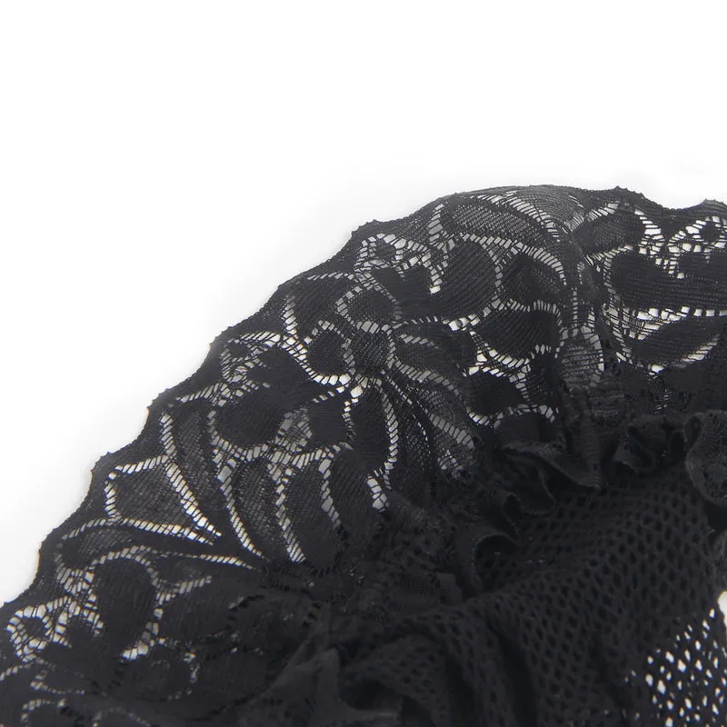 Schwarze Fishnet Oberschenkelstrümpfe mit Spitzenband, Silikon, 88% Nylon, 12% Spandex