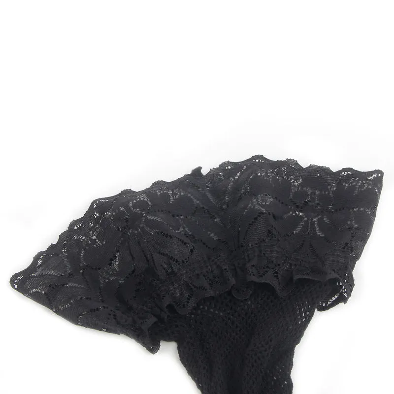 Schwarze Fishnet Oberschenkelstrümpfe mit Spitzenband, Silikon, 88% Nylon, 12% Spandex