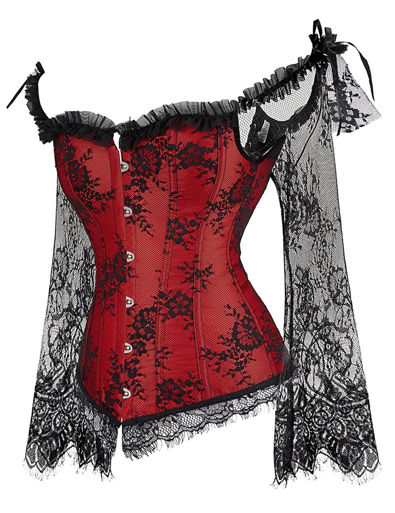 Roter schulterfreier Body aus Satin und Spitze – Rüschen, Schleifen und 12 Stäbchen