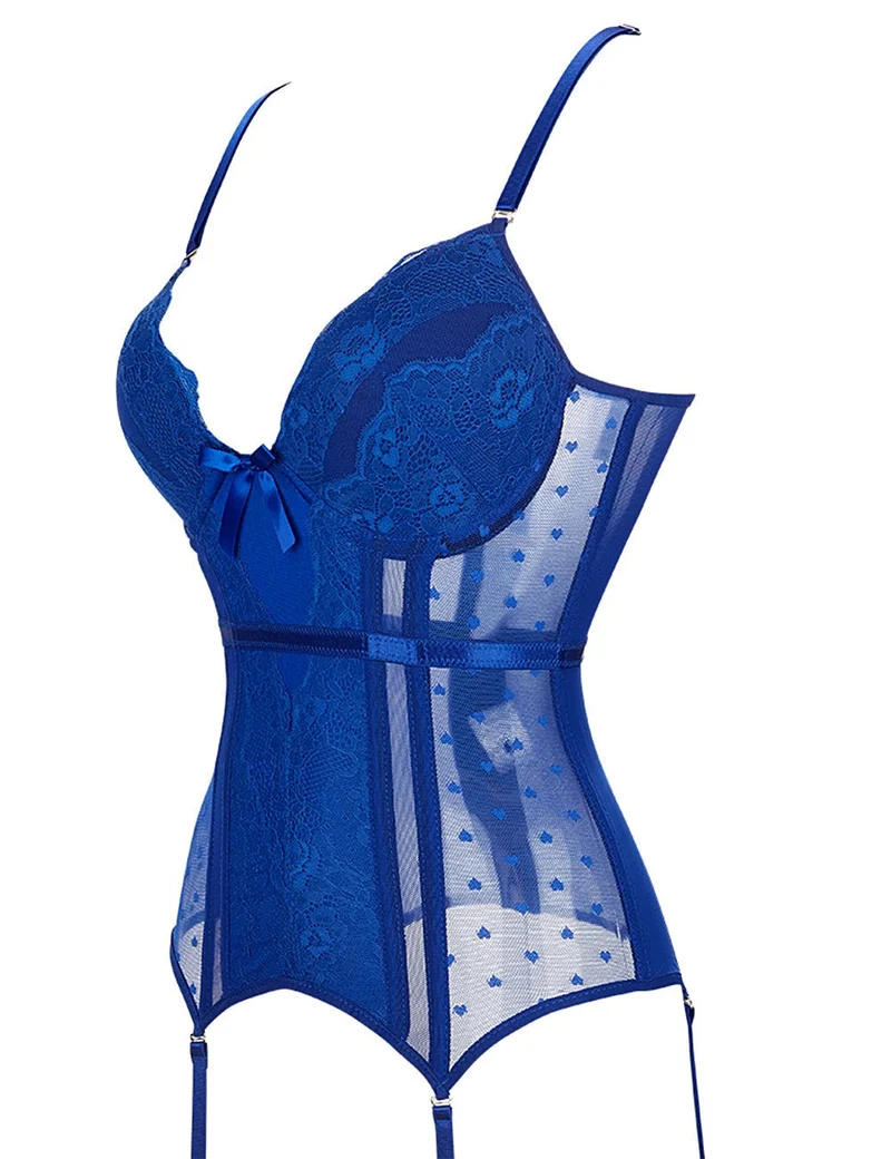 Korsett aus blauem Satin und Spitze – mit Stahlstäben, Strumpfhaltern und 8 Stäben
