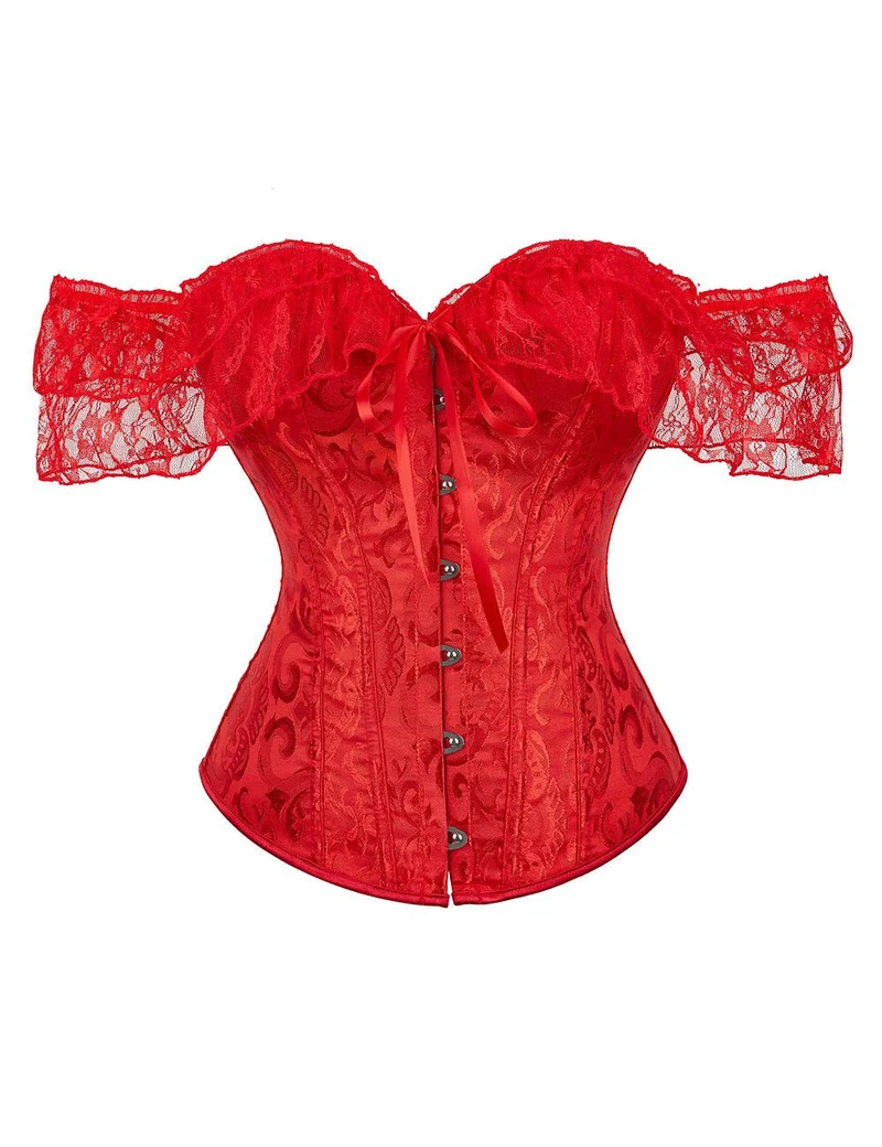 Rotes One-Shoulder-Spitzenkorsett – 12 weiche Stäbchen, Busk-Verschluss & Höschen