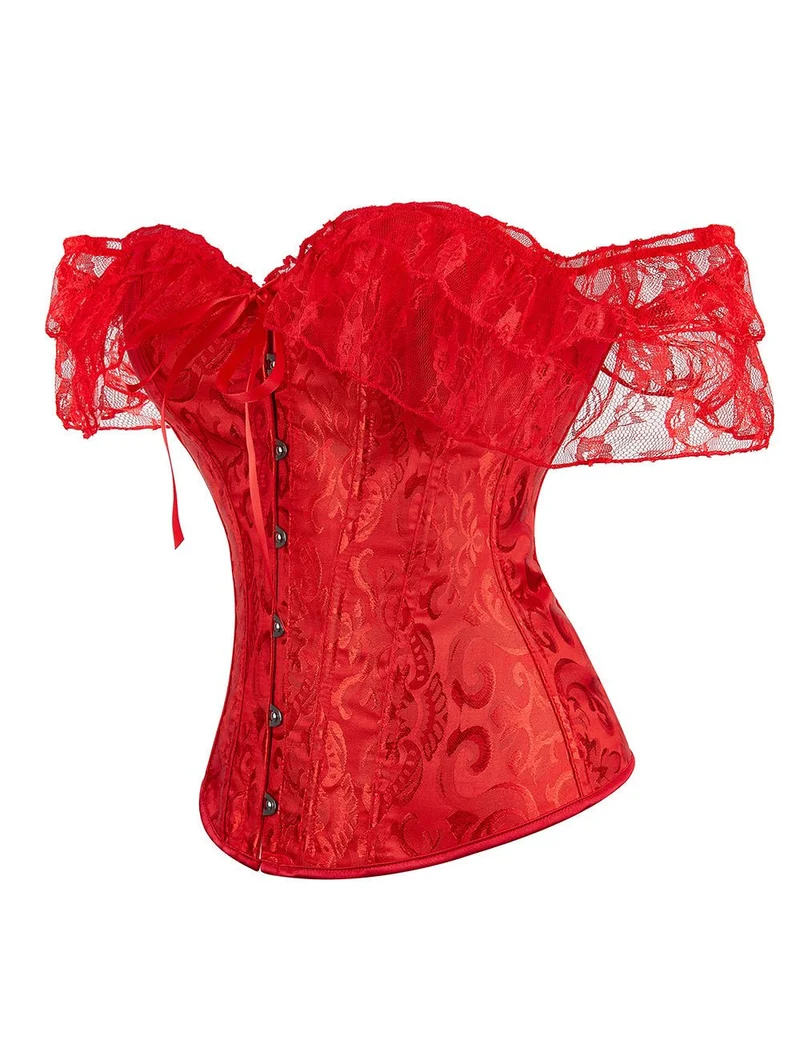 Rotes One-Shoulder-Spitzenkorsett – 12 weiche Stäbchen, Busk-Verschluss & Höschen