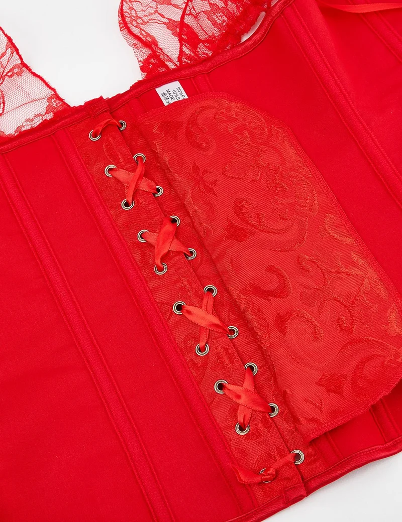 Rotes One-Shoulder-Spitzenkorsett – 12 weiche Stäbchen, Busk-Verschluss & Höschen