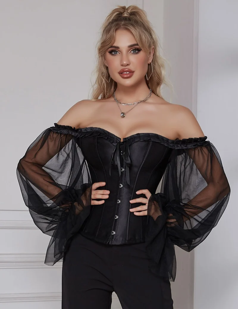 Schwarzes One-Shoulder-Korsett mit Laternenärmel und Stahlstäbchen