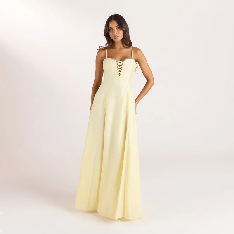 Embroidered Lace-Up Maxi Dress - Lemon