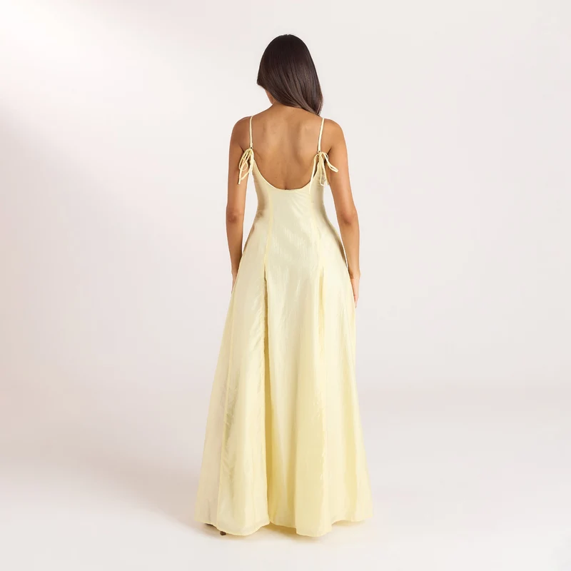 Embroidered Lace-Up Maxi Dress - Lemon