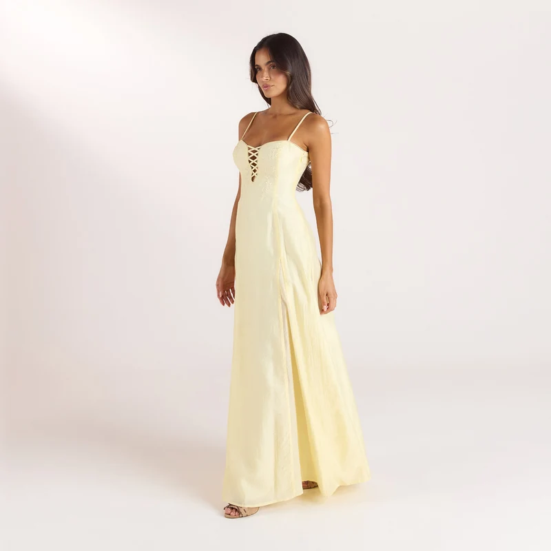 Embroidered Lace-Up Maxi Dress - Lemon