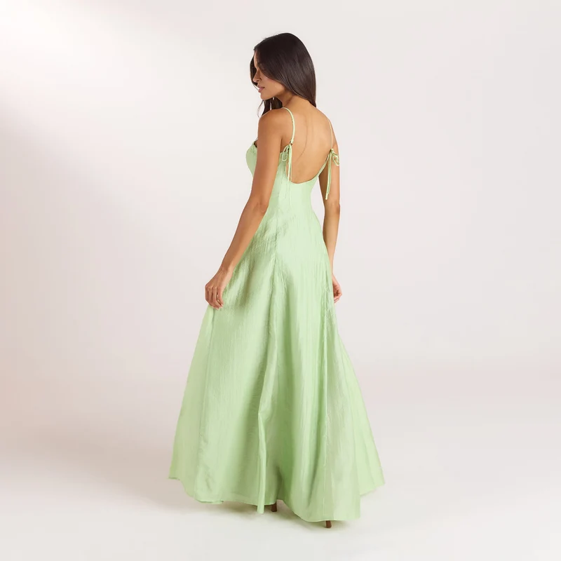 Embroidered Lace-Up Maxi Dress - Green