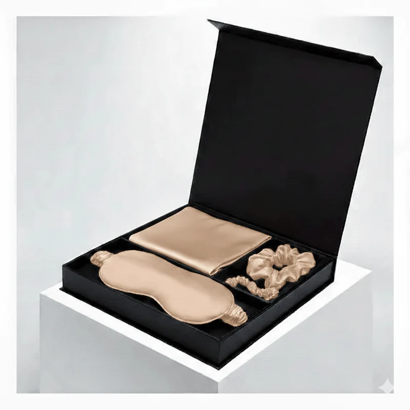 Champagner-Luxus-Geschenkset aus 100 % Maulbeerseide: Kissenbezug, Schlafmaske, Schlafmaske und Haargummis