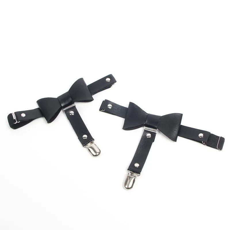 Schwarze PU Leder Beinschleifen mit Nieten & Schleife, verstellbar, Punk Garter Clips