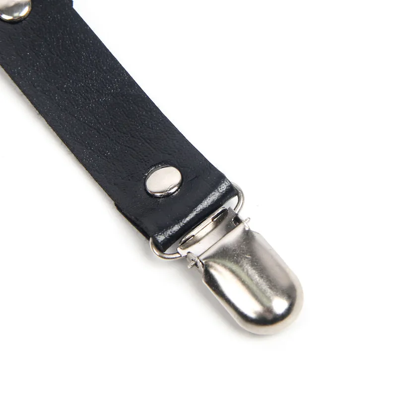 Schwarze PU Leder Beinschleifen mit Nieten & Schleife, verstellbar, Punk Garter Clips
