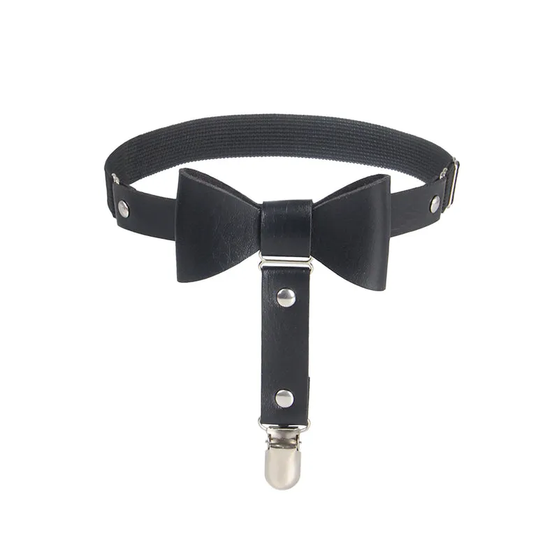 Schwarze PU Leder Beinschleifen mit Nieten & Schleife, verstellbar, Punk Garter Clips