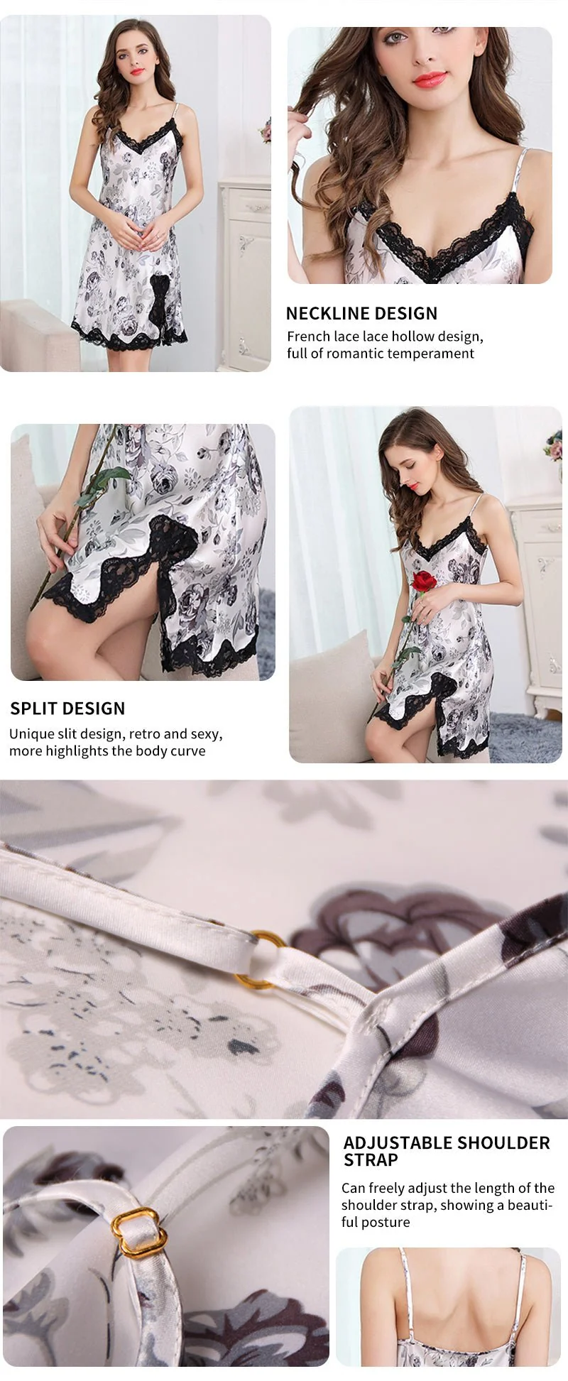 Schwarz-weißer abstrakter Blumendruck, Suspenderkleid aus echter Seide, Pyjama-Nachtwäsche
