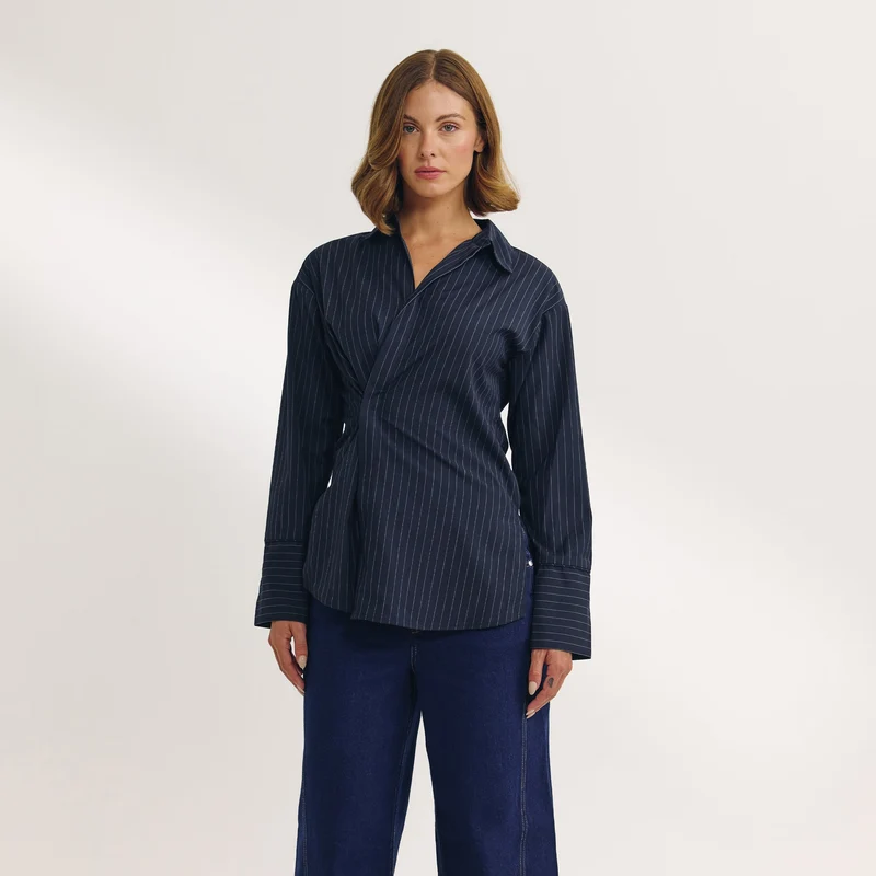 Asymmetric Shirt - Navy Pinstripe