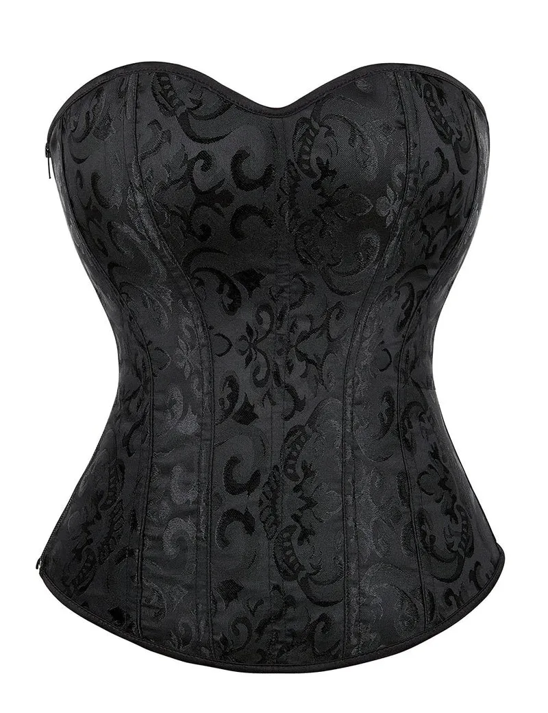 Schwarzes, trägerloses Jacquard-Korsett – 12 Stäbchen, seitlicher Reißverschluss und Schnürung am Rücken