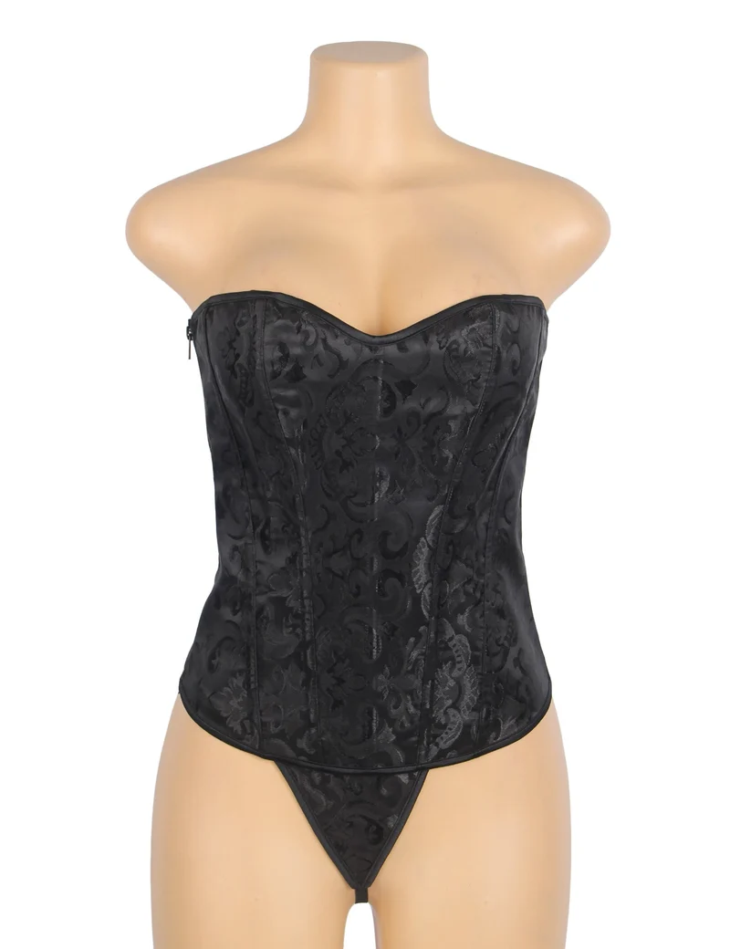 Schwarzes, trägerloses Jacquard-Korsett – 12 Stäbchen, seitlicher Reißverschluss und Schnürung am Rücken