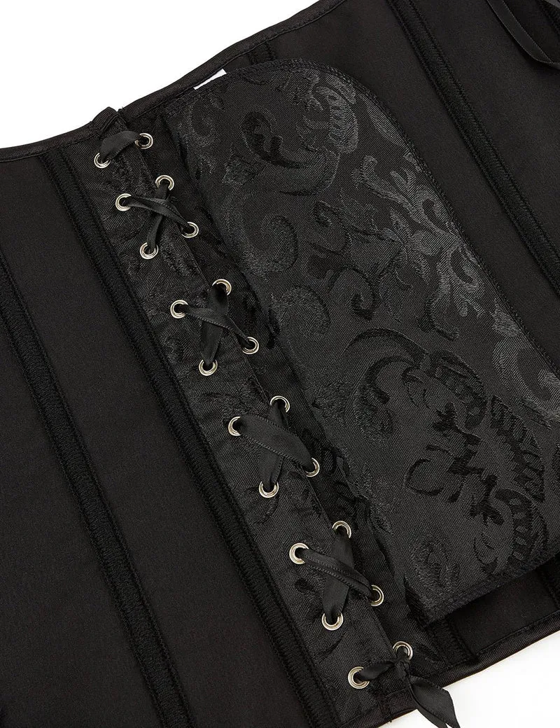 Schwarzes, trägerloses Jacquard-Korsett – 12 Stäbchen, seitlicher Reißverschluss und Schnürung am Rücken