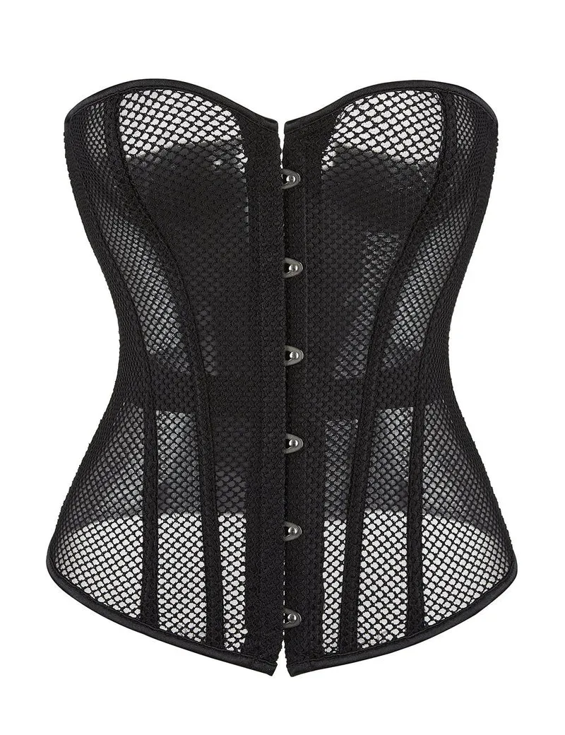 Schwarzes, trägerloses Netz-Korsett – 12 weiche Stäbchen, Druckknopfverschluss vorne & G-String