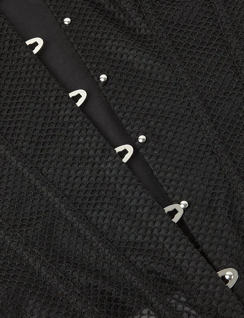 Schwarzes, trägerloses Netz-Korsett – 12 weiche Stäbchen, Druckknopfverschluss vorne & G-String