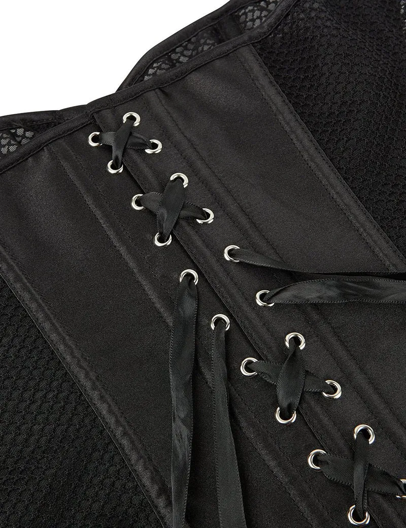 Schwarzes, trägerloses Netz-Korsett – 12 weiche Stäbchen, Druckknopfverschluss vorne & G-String