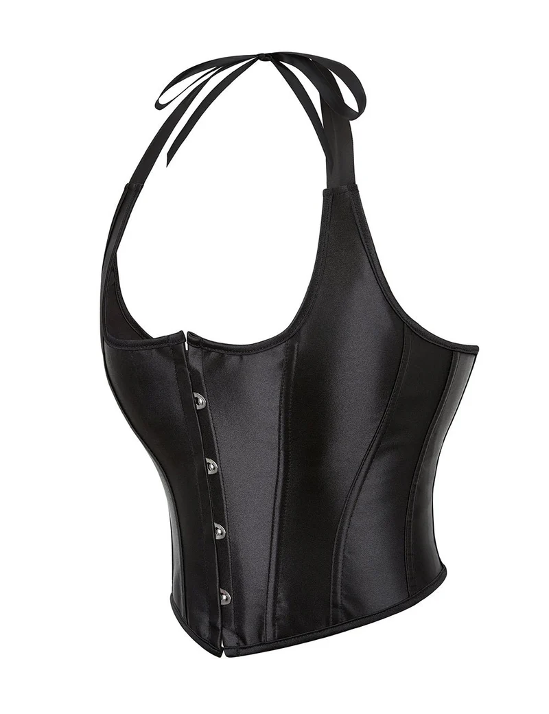 Schwarzes Satin-Halter-Tank-Korsett – 12 weiche Stäbchen & gekreuzte Rückenträger
