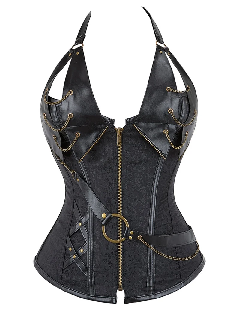 Schwarzer Neckholder-Body aus Kunstleder – Ketten, Nieten & 14 weiche Stäbchen