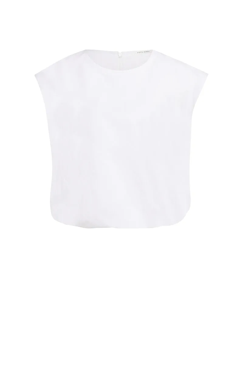 Linen short sleeve balloon top, PURE WHITE