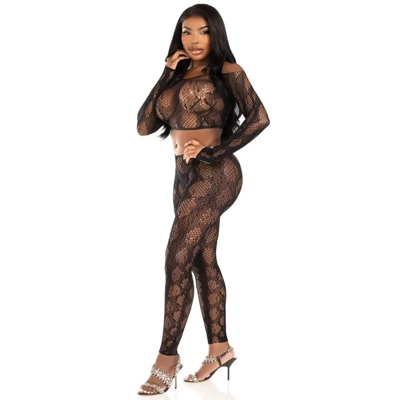 LEG AVENUE - 89373 PYTHON-CROP-TOP & FUSSLOSE STRUMPFHOSE SCHWARZ - EINHEITSGRÖSSE