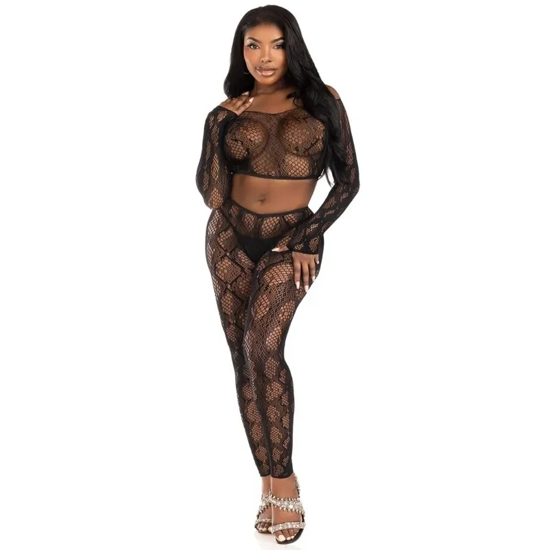 LEG AVENUE - 89373 PYTHON-CROP-TOP & FUSSLOSE STRUMPFHOSE SCHWARZ - EINHEITSGRÖSSE