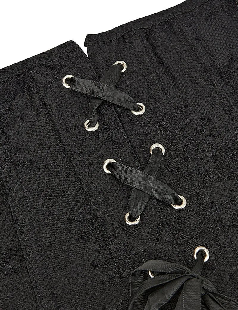 Schwarzes schulterfreies Korsett aus Satin und Spitze mit Rüschenschleife