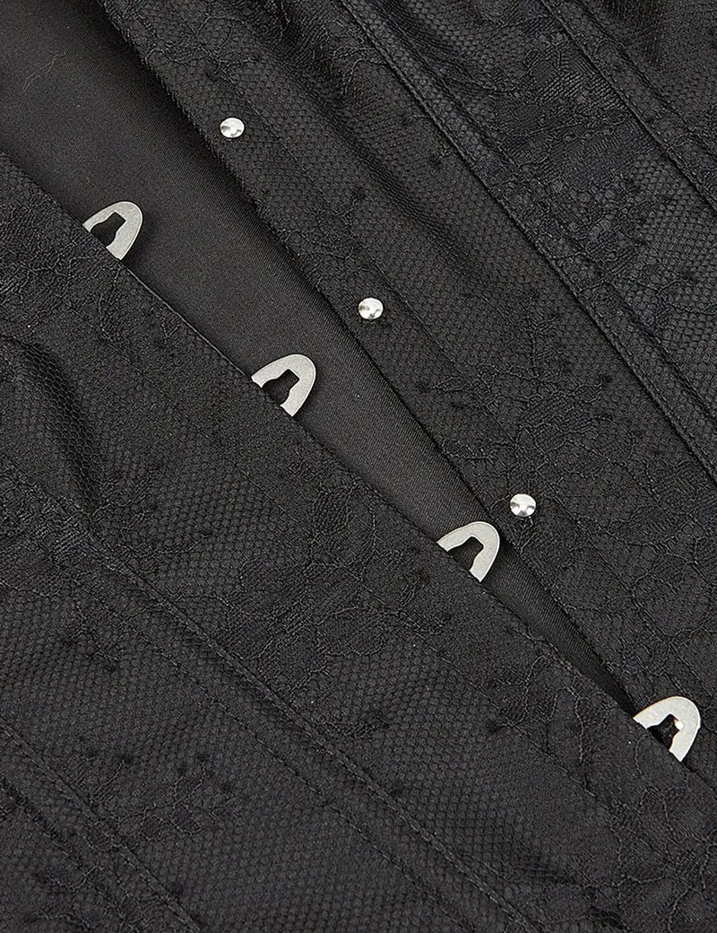 Schwarzes schulterfreies Korsett aus Satin und Spitze mit Rüschenschleife