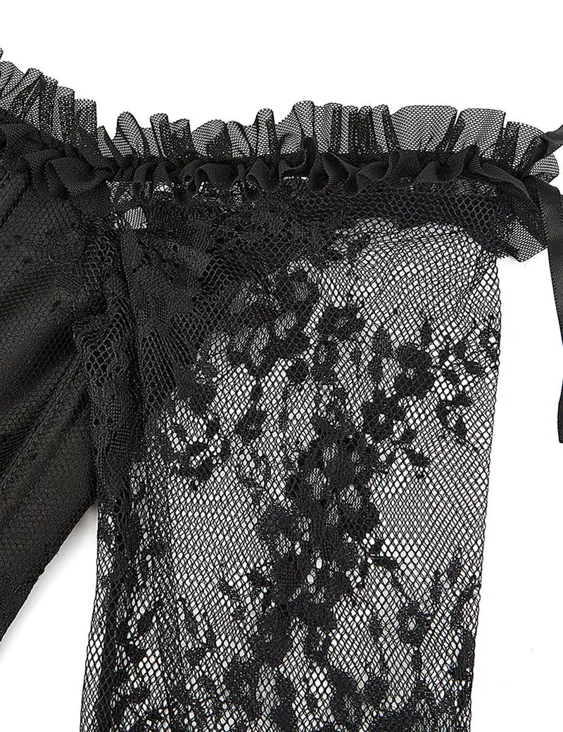 Schwarzes schulterfreies Korsett aus Satin und Spitze mit Rüschenschleife