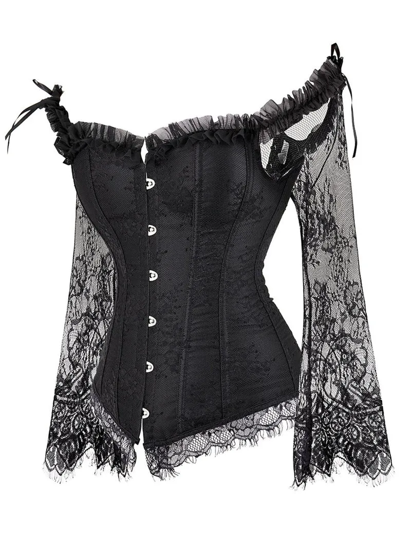 Schwarzes schulterfreies Korsett aus Satin und Spitze mit Rüschenschleife