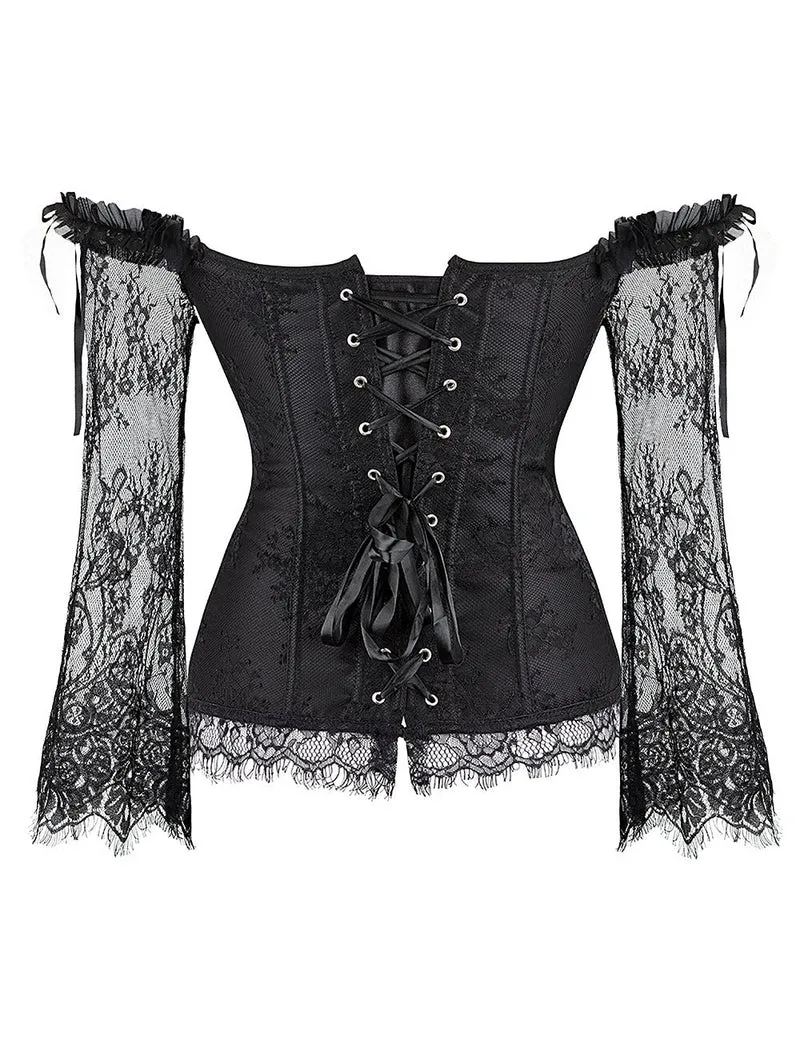 Schwarzes schulterfreies Korsett aus Satin und Spitze mit Rüschenschleife