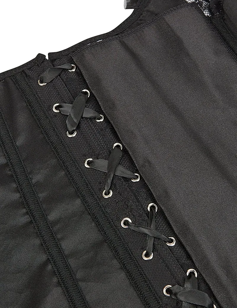Schwarzes schulterfreies Korsett aus Satin und Spitze mit Rüschenschleife