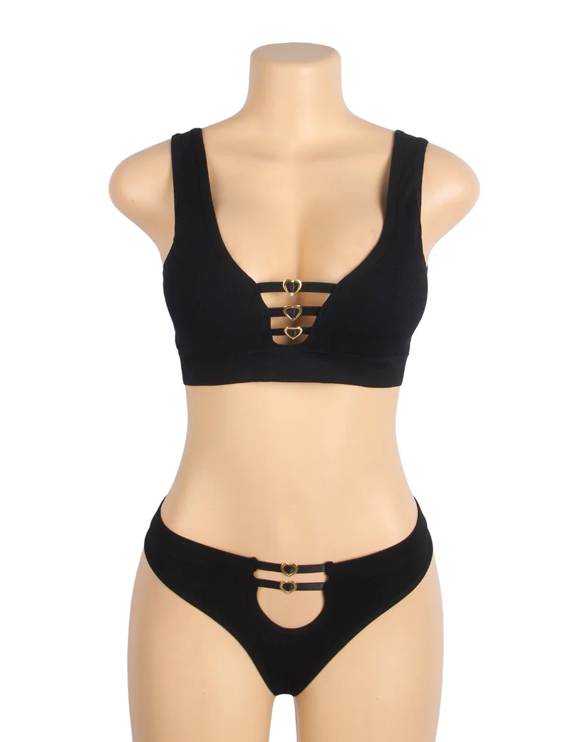 Schwarzes, nahtloses Strick-BH-Set mit Cut-Out und Herzverschluss