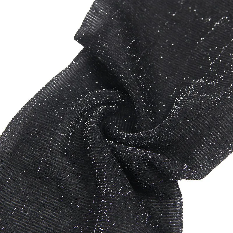 Schwarze, glitzernde Oberschenkelstrümpfe mit Spitzenbesatz und Silikonband
