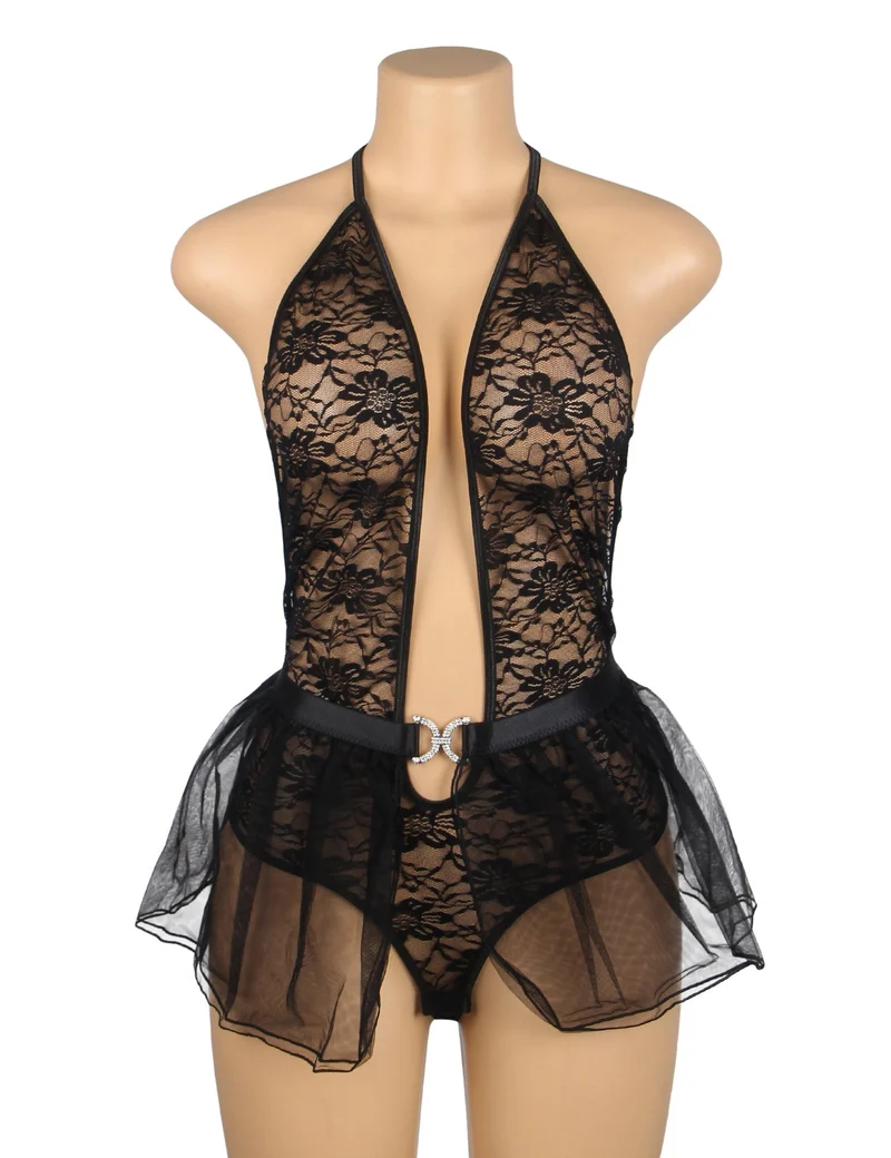 Schwarzes Neckholder-Body-Set aus Spitze und Mesh-Minirock – Tiefer V-Ausschnitt und offener Rücken