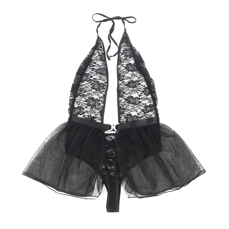 Schwarzes Neckholder-Body-Set aus Spitze und Mesh-Minirock – Tiefer V-Ausschnitt und offener Rücken