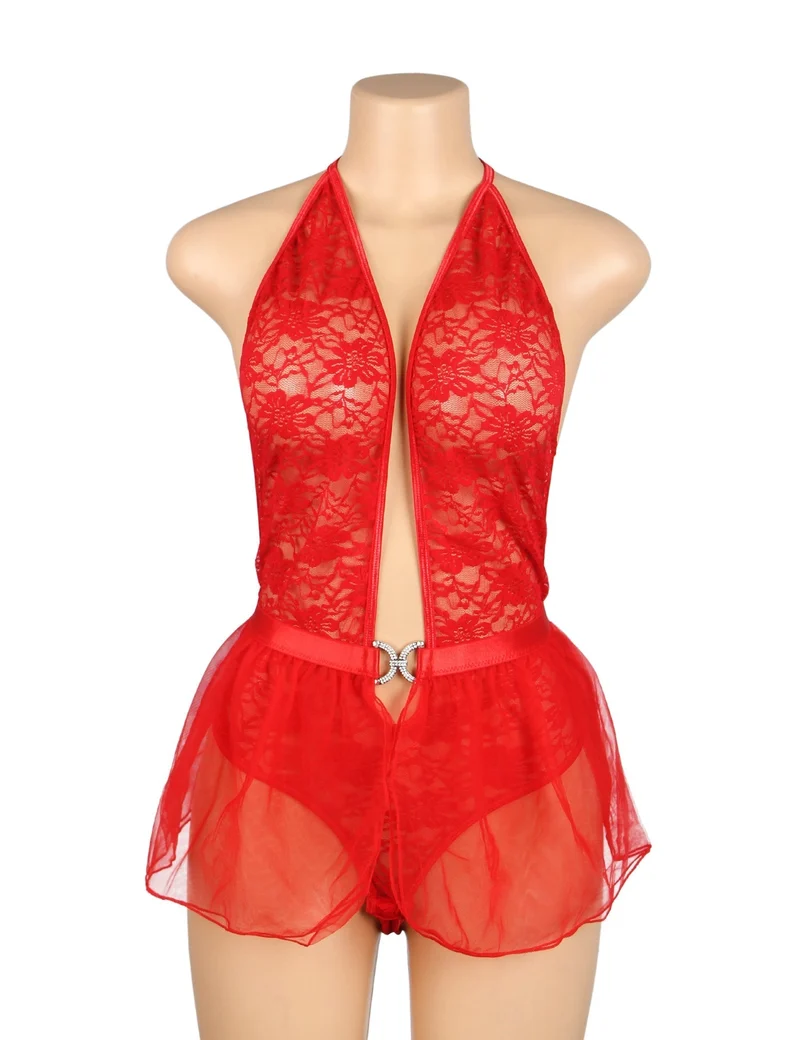Set aus rotem Spitzen-Neckholder-Body und Mesh-Minirock – Tiefer V-Ausschnitt und offener Rücken