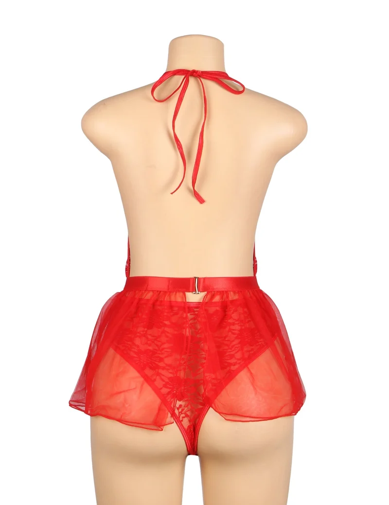 Set aus rotem Spitzen-Neckholder-Body und Mesh-Minirock – Tiefer V-Ausschnitt und offener Rücken