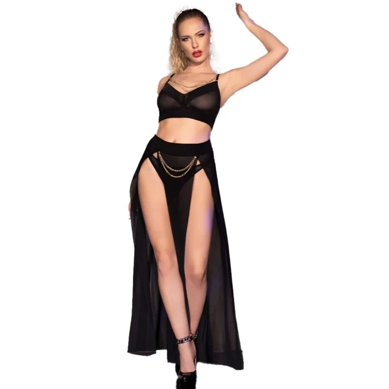 CHILIROSE - SCHWARZER TOP-ROCK UND TANGA MIT GOLDENEN KETTEN
