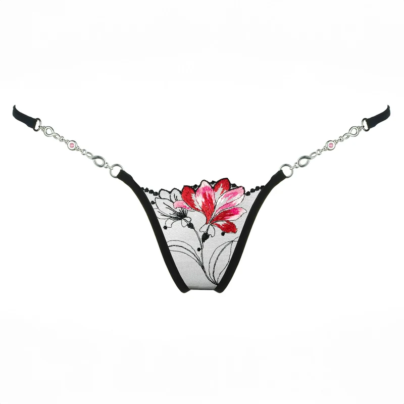 Red Flower - Mini G-String mit Schmuck - Schwarz/Rot