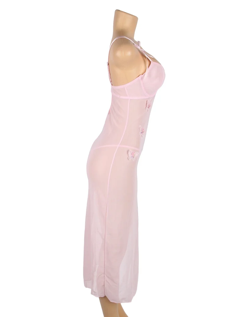 Rosa Netz-Camisolekleid – mit Schleifenträgern, Bügeln, 3D-Schleifen und Schlitz vorne.